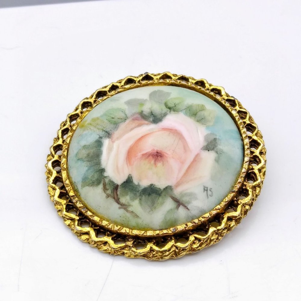 Vintage Hand Painted Pink Rose Brooch in Gold Tone Ornate Frame, Romantic Flower